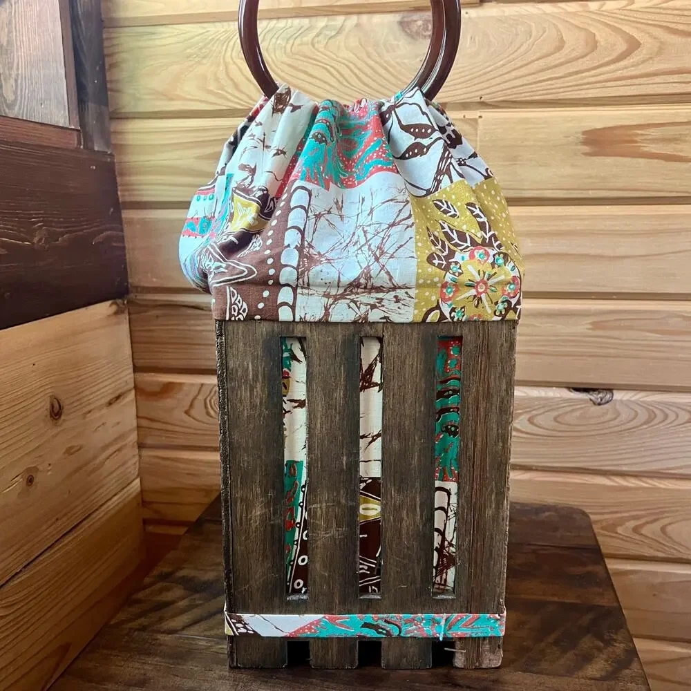 Handmade Wood Crate Basket Bag Box Purse Folk Art Patchwork Lined Rustic Decor